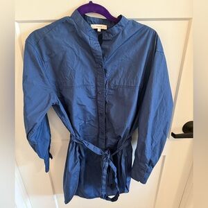 Vince Blue Cotton Belted Tunic Shirt Dress Small | Minimalist Button Front Long
